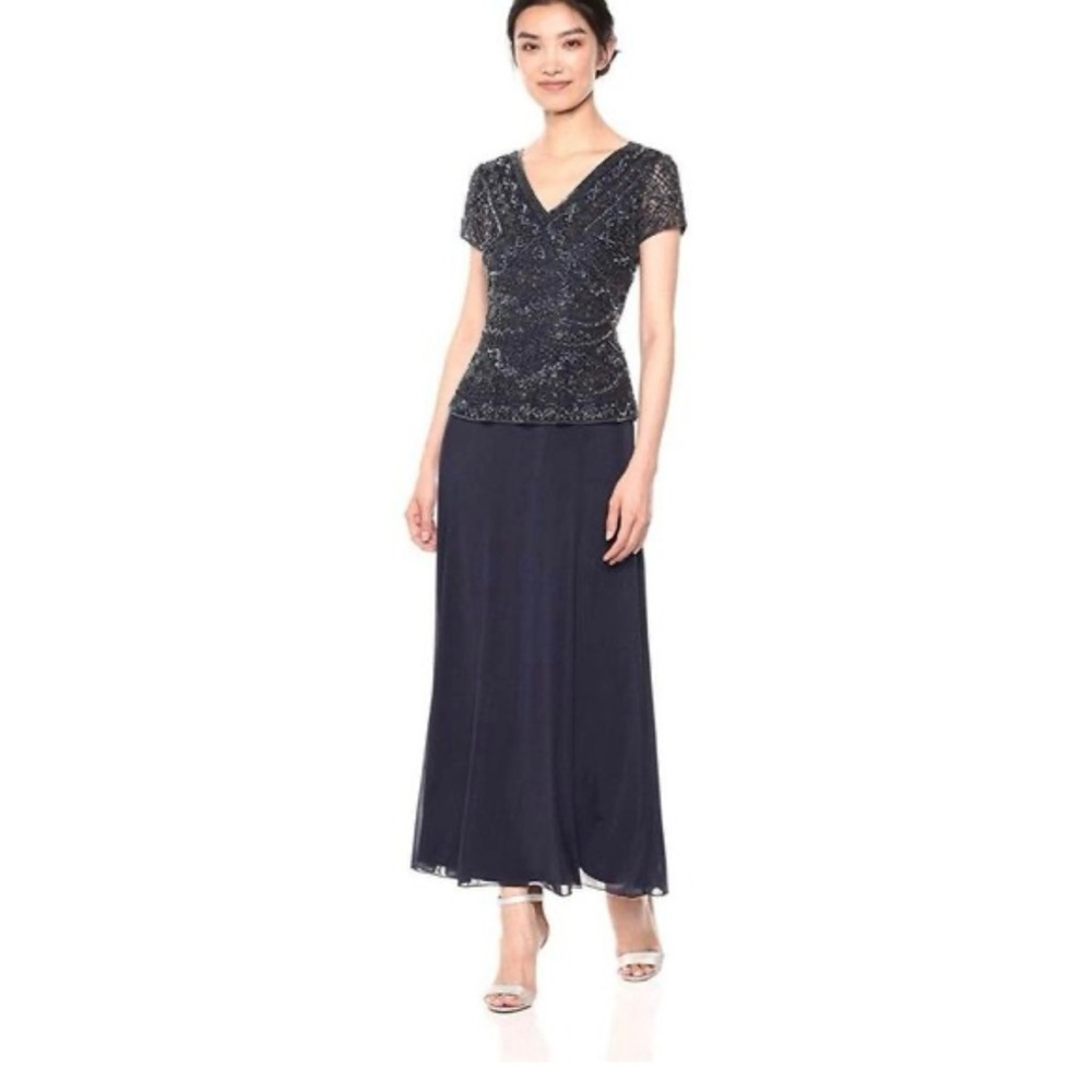 Pisarro Night navy blue beaded v neck midi gown